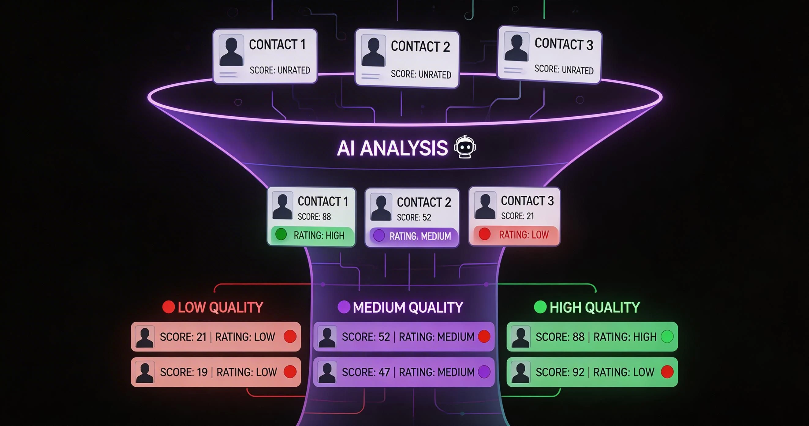 LeadSense AI lead scoring dashboard showing contacts ranked 0-100 with colour-coded priority