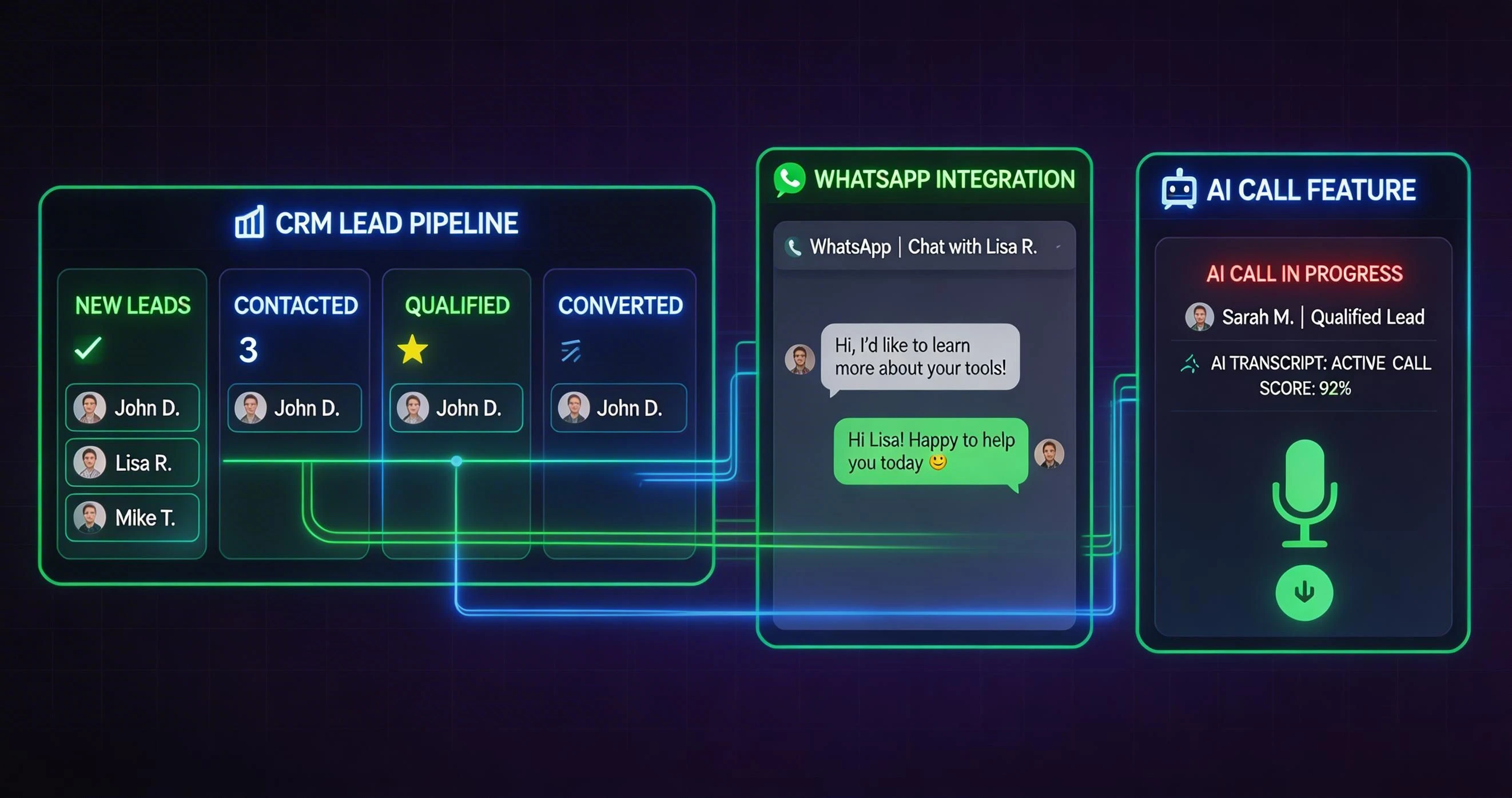 LeadSense CRM dashboard showing AI lead scores and WhatsApp conversations